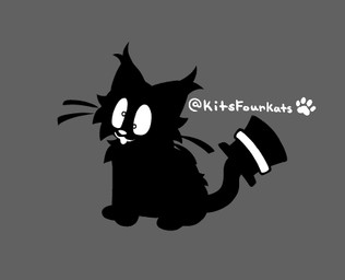 :3 ambiguous_feral ambiguous_gender black_body black_fur black_top_hat clothing derp_eyes feral fur grey_background hat headgear headwear multicolored_body open_mouth open_smile simple_background sitting smile solo toony top_hat two_tone_body kits4kats cottonshade domestic_cat felid feline felis mammal full-length_portrait greyscale low_res monochrome portrait