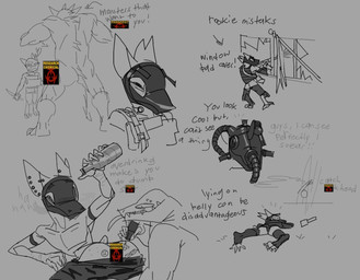 alcohol alcohol_bottle ambiguous_gender anthro ballistic_mask beverage beverage_bottle bottle bottomwear bottomwear_down clothed clothing container dialogue digitigrade ear_piercing explosives furgonomic_headwear furgonomics gas_mask grenade grey_background group gun holding_bottle holding_container holding_gun holding_knife holding_object holding_ranged_weapon holding_weapon knife legwear looking_at_another lying male mask narrowed_eyes nude pants pants_down partially_clothed piercing profanity ranged_weapon shooting simple_background solo_focus squint standing tattoo tattooing text thigh_highs weapon buttergug project_silverfish inheritor lizard monster reptile scalie 2026 censored english_text greyscale hi_res monochrome