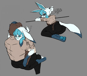accessory anthro anthrofied blush blush_lines bottomwear brown_hair clothing duo eyes_closed eyewear female freckled_face freckles glasses hair hair_accessory hair_tie hand_on_head hug hugging_another leaning leaning_forward looking_at_viewer looking_back male male/female on_lap pants shirt simple_background sitting sitting_on_lap sleeping speech_bubble tail text tired topwear botanics nintendo pokemon audrey_(botanics) eeveelution generation_4_pokemon glaceon human mammal pokemon_(species) hi_res