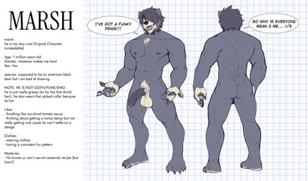 5_toes anthro back_muscles balls black_claws black_collar black_pawpads black_penis butt claws collar collar_only dialogue feet foreskin front_view genitals glans grey_claws grey_hair grey_nipples hair hair_over_eye half-erect humanoid_genitalia humanoid_penis male muscular muscular_anthro muscular_male nipples nude nude_anthro nude_male pawpads penis pink_glans rear_view solo speech_bubble spiked_collar spikes standing text toe_claws toes vein veiny_penis jrjresq everyone_is_so_mean_to_me marsh_(jrjresq) american_black_bear bear black_bear mammal ursine english_text hi_res meme model_sheet
