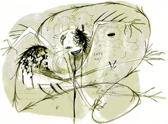 ambiguous_gender arm_spikes blood bodily_fluids eye_on_head grin group horror_(theme) open_mouth skinny smile solo_focus spikes spikes_(anatomy) tail teeth text jejejunum ember_(jejejunum) arthropod fly_(animal) humanoid insect monster monstrous_humanoid english_text full-length_portrait green_theme hi_res portrait