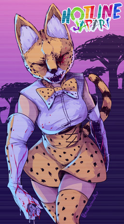 absolute_territory armwear blood bodily_fluids bottomwear bow_(feature) bow_tie breasts clothing elbow_gloves female gloves handwear legwear mask plant sharp_teeth skirt solo stockings synthwave teeth thigh_highs tree maullarmaullar hotline_miami kemono_friends serval-chan animal_humanoid felid felid_humanoid feline feline_humanoid humanoid mammal mammal_humanoid serval_humanoid crossover