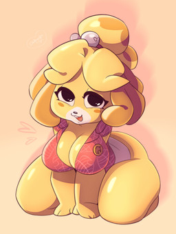 :3 all_fours anthro bell big_breasts big_butt biped blonde_hair blush blush_stickers bottomwear breasts buckteeth butt butt_from_the_front cleavage clothed clothing collared_shirt countershade_face countershading female female_anthro floppy_ears fur glistening glistening_breasts glistening_thighs hair heart_symbol kneeling looking_at_viewer miniskirt open_clothing open_mouth open_shirt open_smile open_topwear pattern_clothing pattern_shirt pattern_topwear pleading_eyes shirt skirt smile solo teeth thick_thighs tied_hair topwear yellow_body yellow_fur dalmatinya animal_crossing nintendo isabelle_(animal_crossing) canid canine canis domestic_dog mammal shih_tzu toy_dog 2026 colored digital_media_(artwork) hi_res shaded signature