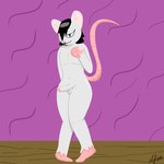 anthro balls black_hair erection feet femboy fingers fur genitals hair long_tail male nude penis simple_background solo tail white_body white_fur chefrens mammal murid murine rodent 1:1 hi_res