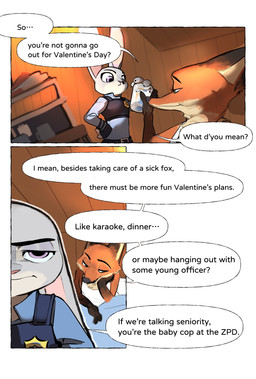 anthro beverage brown_body brown_fur clothed clothing dialogue duo female fingers fur green_eyes grey_body grey_fur holidays male orange_body orange_fur purple_eyes speech_bubble tan_body tan_fur text topwear butterfish8199 disney valentine's_day zootopia judy_hopps nick_wilde canid canine european_rabbit fox lagomorph leporid mammal oryctolagus rabbit red_fox true_fox comic english_text hi_res