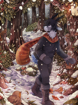 anthro boots bottomwear clothed clothing detailed_background feral footwear fully_clothed fungus fur grey_body grey_fur group handwear hoodie lamp lantern male mittens mushroom outside pants plant scarf shoes snow snowing solo_focus topwear tree sherwind avian bird deer mammal rodent sciurid 2018 3:4 hi_res