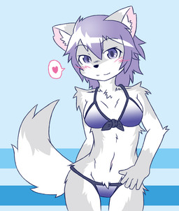 anthro bikini blush breasts chest_tuft clothed clothed_anthro clothed_female clothing crotch_tuft dipstick_ears dipstick_tail ear_markings eyelashes female female_anthro fluffy fluffy_tail fur gloves_(marking) grey_body grey_fur hair hand_on_hip heart_symbol inner_ear_fluff kemono looking_at_viewer markings multicolored_ears purple_eyes purple_hair solo speech_bubble standing swimwear tail tail_markings tuft two-piece_swimsuit white_body white_fur white_inner_ear_fluff acky05 canid canine mammal 2015