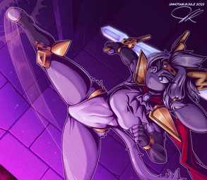 abs accessory anthro antlers armwear big_breasts black_clothing black_gloves black_handwear black_legwear black_stockings bracelet breasts cape clothing diamond_eyes dream_breaker_(pseudoregalia) elbow_gloves eyebrows eyelashes female fingerless_gloves floppy_ears fur gloves gold_(metal) gold_jewelry grey_body grey_fur grey_hair hair hair_accessory hair_ring handwear holding_object holding_weapon horn jewelry kick kicking_object knee_pads legwear lop_ears muscular muscular_anthro muscular_female outline purple_eyes red_cape red_clothing shoulder_pads solo stockings tail text thick_eyebrows thick_thighs weapon white_clothing white_outline wide_hips yellow_horn unnotablejulz pseudoregalia sybil_(pseudoregalia) bovid caprine goat jackalope lagomorph mammal 2025 artist_name dated digital_media_(artwork) hi_res signature