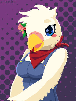 accessory anthro beak biped blue_clothing blue_eyes blue_overalls blush cere_(anatomy) clothing eyelashes feathers female flower flower_in_hair hair hair_accessory halftone_background head_tuft hibiscus kerchief open_mouth open_smile overalls overalls_only pattern_background plant purple_background red_kerchief simple_background smile solo tongue tuft white_body white_feathers yellow_beak anonster avian bird budgerigar loriine parakeet parrot true_parrot 3:4 digital_media_(artwork) halftone hi_res pixel_(artwork) watermark