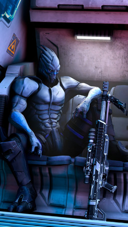 2_toes 3_fingers armor claws clothed clothing feet fingers looking_at_viewer male ranged_weapon sitting solo toes topless weapon shorfi bioware electronic_arts mass_effect celius_acillion alien turian 3d_(artwork) 4k 9:16 absurd_res digital_media_(artwork) hi_res