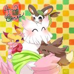 ambiguous_gender blush brown_body brown_fur cleft_tail clothing eyes_closed feral fur grey_eyes group happy hat headgear headwear open_mouth purple_eyes tail white_body white_fur yellow_body yellow_fur lemoco nintendo pokemon abomasnow canid canine eevee emolga generation_1_pokemon generation_4_pokemon generation_5_pokemon mammal pikachu pokemon_(species) rodent sciurid 1:1 digital_media_(artwork) shaded