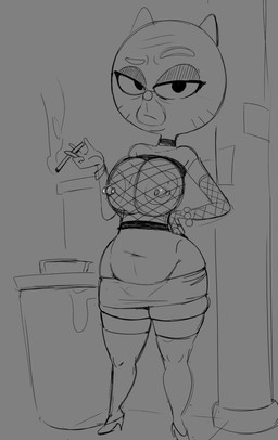 4_fingers alternate_costume anthro areola arms_bent armwear barbell_piercing bare_shoulders belly big_areola big_breasts big_eyes big_nipples biped bottomwear bracelet breasts bulging_breasts choker cigarette cigarette_smoke clothed clothed_anthro clothed_female clothing crop_top deep_navel elbow_gloves elderly elderly_anthro elderly_female eyebrows eyelashes eyeshadow female fingers fishnet_armwear fishnet_clothing fishnet_crop_top fishnet_elbow_gloves fishnet_gloves fishnet_handwear fishnet_shirt fishnet_topwear footwear fully_clothed fully_clothed_anthro fully_clothed_female gem glistening glistening_nipples gloves half-closed_eyes hand_on_hip hand_on_own_hip handwear high_heels holding_cigarette holding_object huge_areola huge_breasts huge_hips huge_nipples humanoid_hands ineffective_clothing iris jewelry legwear looking_at_viewer makeup markings mature_anthro mature_female microskirt miniskirt mouth_closed narrowed_eyes navel necklace nipple_piercing nipples no_pupils pearl_(gem) pearl_bracelet piercing plantigrade pointy_ears pose prick_ears raised_eyebrow resting_bitch_face round_nose shirt shoes skirt slightly_chubby slightly_chubby_anthro slightly_chubby_female smoke snout solo standing straight_legs street_lamp thick_eyebrows thick_thighs thigh_highs three-quarter_view topwear trash_can whisker_markings wide_hipped_anthro wide_hipped_female wide_hips spakka5 cartoon_network the_amazing_world_of_gumball mary_senicourt domestic_cat felid feline felis mammal 2025 digital_drawing_(artwork) digital_media_(artwork) full-length_portrait greyscale hi_res monochrome portrait sketch