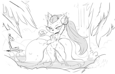 anthro bathing bathing_self blush breasts claws clothing clothing_aside clothing_on_floor clothing_on_ground covering covering_breasts covering_self dialogue dripping_wet ear_wiggling empty_eyes eyelashes feet female finger_claws front_view fur genitals hair hand_behind_head hand_on_breast inner_ear_fluff long_hair long_ponytail looking_at_another looking_at_viewer melee_weapon multi_tail nature nature_background nude peeping plant pond ponytail raised_arm shortstack shortstack_female small_breasts solo speech_bubble spying spying_pov standing sword sword_in_ground tail talking_to_viewer text thick_thighs tied_hair toes tree tuft voyeur_pov vulva water waterfall weapon wet wet_body wet_fur wide_hips wide_stance mhdrawin league_of_legends legends_of_runeterra riot_games tencent fae_bladetwirler_(lor) fairy mammal yordle 2019 black_and_white english_text monochrome