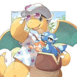 aloha_shirt ambiguous_gender antennae_(anatomy) anthro bag blue_body claws clothing eyewear feral grey_eyes group hat headgear headwear looking_at_viewer membrane_(anatomy) membranous_wings open_mouth orange_body palm_tree pattern_clothing pattern_shirt pattern_topwear plant purple_eyes shirt size_difference sparkles sunglasses tail topwear tree trio wings knhb mythology nintendo pokemon pokemon_winds_and_waves aquatic dragon dragonite fish gecqua generation_10_pokemon generation_1_pokemon generation_9_pokemon mythological_creature mythological_scalie pokemon_(species) scalie tatsugiri tatsugiri_(curly_form) 1:1 2026 signature