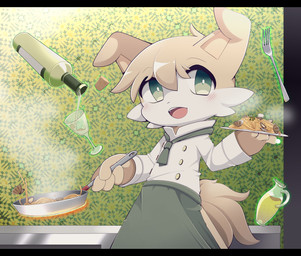 4_fingers anthro apron black_bars blush clothing cutlery fingers food fork green_apron green_clothing green_eyes kemono kitchen_utensils magic male open_mouth open_smile pasta smile solo spaghetti teeth tongue tools bayachao makemon emerald_(makemon) mammal 2018 hi_res letterbox