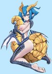 blue_body blue_eyes blue_hair blue_scales breasts butt female glistening glistening_body glistening_hair glistening_scales hair horn humanoid_pointy_ears nipples nude scales smile solo tail tail_hug yellow_body yellow_scales virusotaku monster_musume_no_oisha-san mythology skadi_dragenfelt animal_humanoid dragon dragon_humanoid horned_humanoid humanoid mythological_creature mythological_scalie scalie absurd_res hi_res