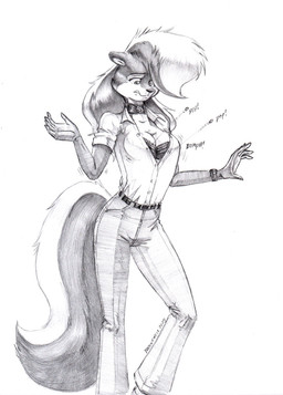 anthro bottomwear bra breasts button_(fastener) choker cleavage clock clothed clothed_female clothing female fluffy fluffy_tail fur hair jewelry looking_down necklace pants shirt solo tail topwear underwear wardrobe_malfunction watch baron_engel rosemary_parker_(character) mammal mephitid skunk 2025 hi_res