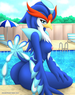 anthro areola beach_chair beak big_butt blue_body blue_eyes blush breasts butt feathers female genitals looking_at_viewer nipples nude outside pink_areola pink_nipples plant pool poolside public_pool raised_tail sitting solo swimming_pool tail tree umbrella vulva water wet white_body wings diamondstorm nintendo pokemon avian generation_9_pokemon pokemon_(species) quaquaval absurd_res hi_res