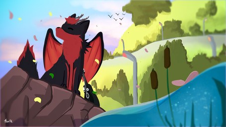 antlers back_wings feral forest fur horn lute male musical_instrument plant plucked_string_instrument red_body red_fur solo string_instrument tree ukulele water wings monikfox samon_wolf canid canine canis mammal wolf hi_res