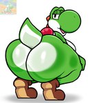 anthro big_butt butt clothing female footwear looking_at_viewer shoes simple_background solo tail thick_thighs white_background lewdewott mario_bros nintendo dinosaur green_yoshi prehistoric_species reptile scalie yoshi digital_media_(artwork) hi_res