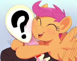 ?_face blush duo feathered_wings feathers female feral happy hug male open_mouth orange_body orange_feathers smile teeth wings young young_feral sunibee friendship_is_magic hasbro my_little_pony mythology anon scootaloo_(mlp) equid equine human mammal mythological_creature mythological_equine pegasus