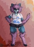 anthro blue_body blue_fur bottomwear claws clothing collar female fur hair heart_eyes heart_symbol pink_hair shirt shorts simple_background solo t-shirt topwear homo_the_domo felid feline hybrid mammal pantherine snow_leopard hi_res