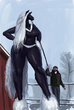 anthro barn breasts collar duo female hair larger_female leash male mane plant size_difference snow tree redustheriotact equid equine horse human mammal hi_res