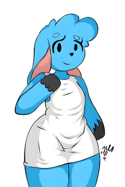 anthro blue_body clothing curly_hair dress femboy floppy_ears hair hoof_hands hooves male simple_background solo white_background white_clothing white_dress wide_hips mlp118edit whygena iyana bovid caprine goat mammal 2:3 absurd_res hi_res