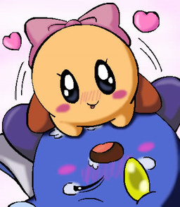 accessory age_difference blue_body blush blush_stickers bodily_fluids bow_ribbon cape centered_hair_bow clothing dominant dominant_female dominant_young female hair_accessory hair_bow hair_ribbon heart_symbol male not_furry older_male on_top one_eye_closed open_mouth orange_body questionable_consent ribbons tears tongue tongue_out young young_female younger_dom_older_sub younger_female aki_(pixiv_142126) kirby:_right_back_at_ya! kirby_(series) nintendo female_split_kirby kirby meta_knight alien waddling_head aliasing digital_media_(artwork) japanese_description low_res oekaki