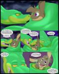 absurd_res anthro bodily_fluids boop brown_body brown_fur coiling comic dialogue english_text feral fur green_body green_skin hi_res jajuka jasper_(tacokurt) lagomorph leporid mammal nose_boop open_mouth purple_eyes python rabbit reptile saliva scalie snake tacokurt tan_body tan_fur text yellow_eyes