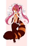 anthro brown_body brown_fur chibi clothed clothing femboy floral_background fur hair long_hair looking_at_viewer male markings mouth_closed navel orange_body orange_fur panties pink_clothing pink_hair pink_panties pink_underwear qr_code red_eyes solo striped_markings striped_tail stripes tail tail_markings text translucent translucent_clothing translucent_topwear underwear sonyan ailurid mammal red_panda artist_name full-length_portrait hi_res portrait