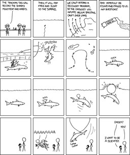 female feral group humor male science sea simple_background stick_figure text water what what_has_science_done white_background randall_munroe cc-by-nc creative_commons license_info xkcd cueball_(xkcd) ponytail_(xkcd) aquatic fish human mammal shark black_and_white comic english_text monochrome