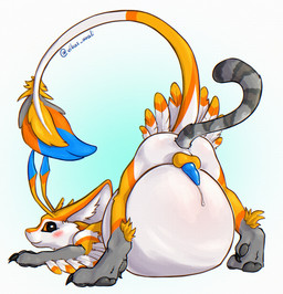 anal anal_vore animal_genitalia animal_penis anthro balls belly big_belly blue_penis blush bodily_fluids duo feathers fur genitals lying male mismatched_animal_penis mismatched_genitalia mismatched_penis on_front penis tail tapering_penis vore white_body white_fur yellow_body yellow_fur vikas vikas_avali avali hi_res