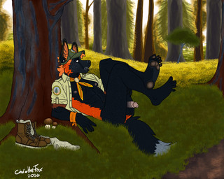 anthro armband black_body black_fur boots circumcised clothing ears_up feet foot_fetish foot_focus footwear forest forest_background fungus fur genitals grass hat headgear headwear humanoid_feet legs_up looking_forward lying male mostly_nude mushroom nature nature_background neckwear nipples on_back open_mouth orange_body orange_fur pawpads paws penis plant plantigrade raised_leg shirt shoes socks solo tail topwear tree wearing_hat bartek22 chuck_(bartek22) hi_res