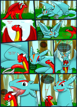 bandage blue_body female feral forest hair horn licking male male/female plant red_body red_hair red_wings text tongue tree vore white_horn wings livinlovindude mythology passy dragon mythological_creature mythological_scalie scalie 2015 comic english_text hi_res
