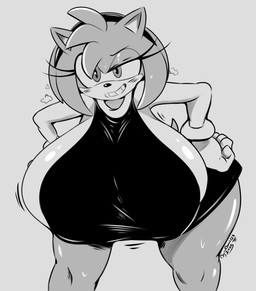accessory bent_over big_breasts black_nose blush blush_lines bodily_fluids breasts clothing countershading dress eyebrows eyelashes female fur gloves grin hair hands_on_hips handwear hanging_breasts head_tuft headband huge_breasts looking_at_viewer motion_lines nipple_outline pupils raised_eyebrow short_hair smile solo standing sweat sweatdrop text thick_thighs tuft wide_hips conditional_dnp digitaldomain123 sega sonic_the_hedgehog_(series) amy_rose eulipotyphlan hedgehog mammal 2025 absurd_res artist_name dated greyscale hi_res monochrome signature