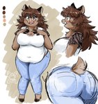 anthro big_breasts big_butt blush bottomwear breasts brown_body brown_hair butt clothing denim denim_bottomwear denim_clothing female hair jeans muffin_top_(bottomwear) muffin_top_(general_use) open_mouth overweight overweight_anthro overweight_female pants shirt side_profile smile solo standing t-shirt topwear tusks castagno molly_(castagno) mammal suid suina sus_(pig) wild_boar