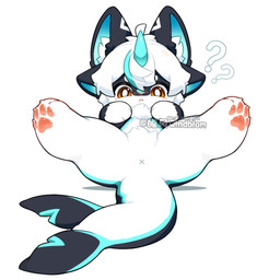 3_fingers 4_ears 4_toes ahoge anthro anus bangs black_body black_ears black_fur blue_body blue_fur blue_highlights blue_horn blue_inner_ear blush blush_lines cetacean_tail cheek_tuft chest_tuft circle_eyebrows claws crotch_tuft eyebrows facial_tuft feet fin fingers frown frowning_at_viewer fur fur_markings gesture hair hand_on_chest highlights_(coloring) horn inner_ear_fluff legs_up looking_at_viewer lying male markings mitten_hands multi_ear on_back orange_eyes pawpads pink_nose pink_pawpads question_mark questionable_consent raised_leg simple_background solo spread_legs spreading suggestive suggestive_gesture tail tail_fin toe_claws toes tuft white_background white_body white_fur white_hair white_inner_ear_fluff white_markings x_anus young young_anthro young_male windbiom hefeng_character aquatic cetacean furred_cetacean mammal hi_res