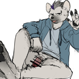 anthro bandolier black_hair blue_hair bottomless censored_genitalia censored_penis claws clothed clothing ear_piercing eyebrow_piercing facial_piercing fur genitals gesture grey_body grey_fur hair hoodie humanoid_genitalia humanoid_penis looking_at_viewer male multicolored_hair pawpads penis piercing shirt simple_background solo t-shirt tongue tongue_out topwear topwear_only two_tone_hair arufonsu arknights hypergryph studio_montagne spot_(arknights) hyena mammal spotted_hyena 1:1 censored hi_res