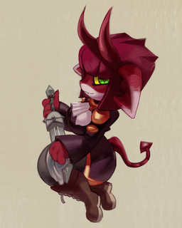 armor boots bottomwear breasts clothing coat fangs female footwear green_eyes hair horn looking_at_viewer melee_weapon pants pointed_tail red_body red_hair shoes smile solo sword teeth topwear weapon fenceil atlyss humanoid imp_(atlyss) 2025 absurd_res hi_res