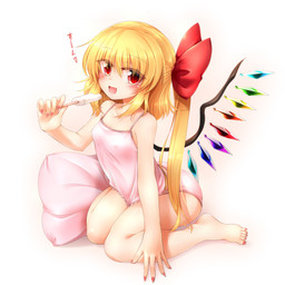 :d accessory blonde_hair blush breasts camisole clothed clothing colored_nails crystal fangs female food hair hair_accessory hair_ribbon holding_object long_hair nails nipple_outline not_furry open_mouth panties pillow pink_camisole pink_nails ponytail popsicle pupils red_eyes ribbons sitting slit_pupils small_breasts smile solo teeth underwear unusual_anatomy unusual_wings white_body white_skin wings m9kndi touhou flandre_scarlet humanoid vampire 1:1 hi_res