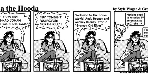 anthro breasts clothed clothed_female clothing controller dialogue duo electronics female fur furniture remote_control sofa television text style_wager dela_the_hooda dela_aldershaw sue_chan_(dela_the_hooda) canid canine fox hooda human mammal 2002 comic english_text greyscale monochrome