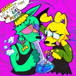 abstract_background anthro blush bone_tag bong clothing collar drugs duo ear_piercing eyebrow_piercing facial_piercing female fingerless_gloves fishnet_clothing fishnet_gloves fishnet_handwear forced_smoking gloves green_body hand_on_head handwear holding_bong holding_lighter holding_object inhaling lighter marijuana piercing pink_background pink_sclera simple_background smile smoke sparkles sparkling_eyes speech_bubble spiked_collar spikes spiral_eyes substance_intoxication tongue tongue_out yellow_body ickyslicky canid canine canis domestic_dog mammal 1:1 hi_res