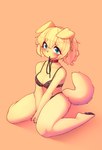 2023 absurd_res anthro belle_(jupiter_europe) blonde_hair blush breasts canid canine canis collar domestic_dog female female_anthro fur green_eyes hair hi_res jupiter_europe kemono leash leash_in_mouth leash_in_own_mouth looking_at_viewer mammal object_in_mouth red_collar smile solo yellow_body yellow_fur