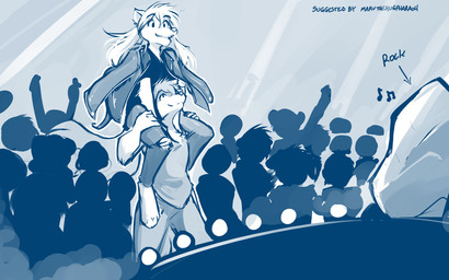 anthro bottomwear breasts carrying_another chest_tuft clothed clothing coat concert denim denim_bottomwear denim_clothing duo_focus female fur group hair humor jacket jeans joke music on_shoulders pants pun rock rock_(genre) simple_background smile stage text topwear torn_bottomwear torn_clothing torn_jeans torn_pants tuft visual_pun conditional_dnp tom_fischbach twokinds raine_silverlock zen_(twokinds) canid canine canis keidran mammal wolf 16:10 2017 adobe_photoshop_(artwork) blue_and_white digital_media_(artwork) english_text hi_res monochrome sketch widescreen