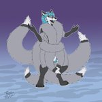 anthro balls blue_hair digitigrade fur genitals grey_body grey_fur hair male multi_tail pubes solo tail tnargraef nikorokumitsero aleu_moonshadow canid canine fox mammal 1:1 hi_res