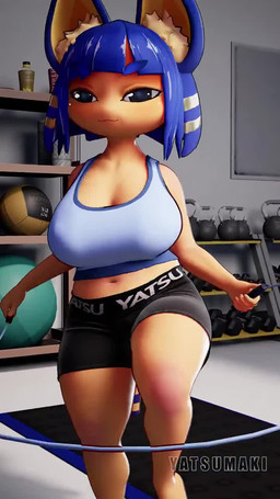 5_fingers 5_toes anthro ball barefoot big_breasts big_butt big_ears blue_hair bottomwear bouncing_breasts bra breasts butt clothed clothing dumbbell exercise exercise_ball eyebrows eyelashes feet female fingers furgonomic_bottomwear furgonomics gym hair inner_ear_fluff inside jump_rope jumping markings midriff music navel short_hair shorts smile solo sports_bra striped_markings striped_tail stripes tail tail_markings text thick_thighs toes tuft underwear weights wide_hips yoga_mat yatsumaki zy0n7_(modeler) animal_crossing nintendo ankha_(animal_crossing) domestic_cat felid feline felis mammal 2026 3d_(artwork) 3d_animation 9:16 animated artist_name digital_media_(artwork) hi_res short_playtime sound video watermark
