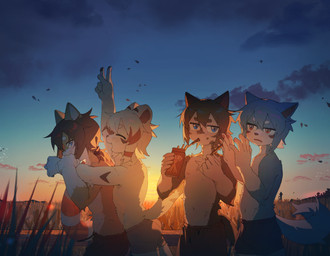 5_fingers anthro biped blush blush_lines bottomwear butt clothed clothed_anthro clothed_male clothing cloud cute_fangs detailed_background eating eating_food eyes_closed fangs field fingers food gesture grass group hair hand_gesture holding_object leaf life_ring male male_anthro navel nipples outside pawpads plant pocky_in_mouth shorts sky sunset swim_ring tail teeth topless topless_anthro topless_male tree v_sign wheat wheat_field young young_anthro young_male toye2004 pocky ambient_bird canid canine canis domestic_dog felid mammal pantherine tiger wolf 2025 absurd_res hi_res