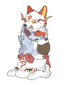 ambiguous_gender blue_body blue_fur chibi fur green_eyes group red_body red_fur trio white_body white_fur unknown_artist campfire_cooking_in_another_world_with_my_absurd_skill kusunoki's_garden_of_gods natsume's_book_of_friends fel_(campfire_cooking) madara_(natsume_yuujinchou) yamagami_(kusunoki's_garden_of_gods) canid canine canis mammal wolf source_request