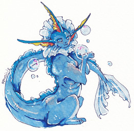 blue_eyes simple_background smile solo tail white_background ravoilie nintendo pokemon eeveelution generation_1_pokemon pokemon_(species) vaporeon 2015 traditional_media_(artwork)